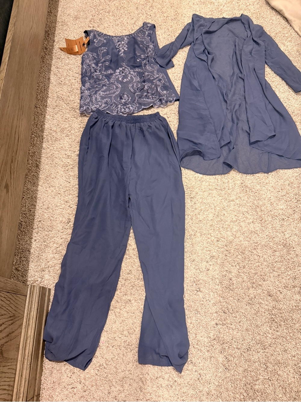 3-Piece Dusty Blue Lace Tank, Cardigan & Pants Set